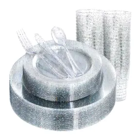 63et Rubtlamp 180pcs Glitter Plastic Plates With Disposable Silverware Cle