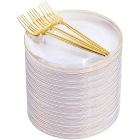 78ej Rubtlamp 200pcs Clear Gold Dessert Plates With Plastic Forks 7.5inch Sm