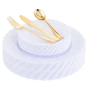 Eb01 Rubtlamp Eb01/03 150pcs White Plastic Plates With Gold Silverware Mothers Da