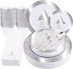6301 Rubtlamp Et01/23/6301/02/03 175pcs Christmas Plastic Plates White Disposable With Silver