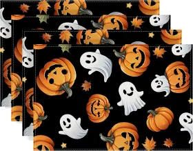 Chh-1627-p Rvsticty Halloween Ghost Pumpkin Placemats Set Of 4 12 X 18 Black And Orange