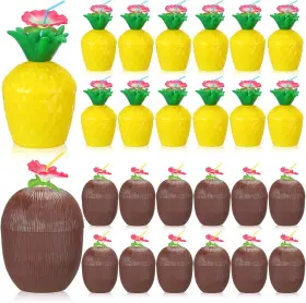 Sabary 313045960926 24 Pieces Tropical Pineapple Coconut Cups Plastic Hawaii With Hibiscus Flow