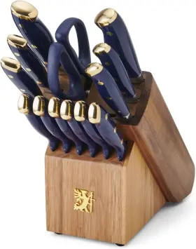 5317039 Sabatier 14-piece Forged Triple Rivet Knife Set With Acacia Block Navy/gold