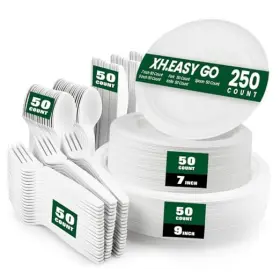 Pps04 Screworker 250 Piece Compostable Paper Plates Set With Extra-long Utensils Sugarcane