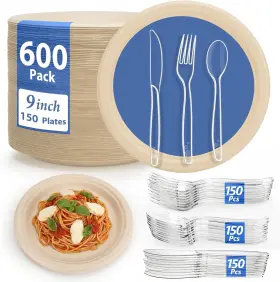 Seglex 445003220285 600 Pack 9 Inch Heavy Duty Disposable Plates Set For 150 Guest Include Compostab