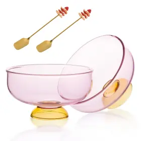 Serdeerch 759382116235 Pink Glass Dessert Bowls Set Of 2 Ice Cream Bowl With Gold-plated Spoons De