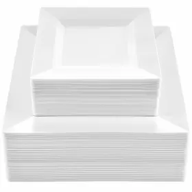 Setup 810085796213 100-piece White Square Plastic Plate Set 50 Dinner And Salad - Heavy-duty