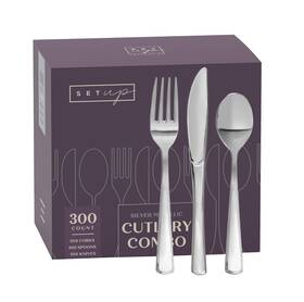 Setup 810085796350 300 Count Disposable Silverware Silver Combo Cutlery - 100 Forks 10