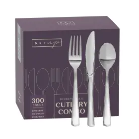 Setup 810085796350 300 Count Disposable Silverware Silver Combo Cutlery - 100 Forks 10