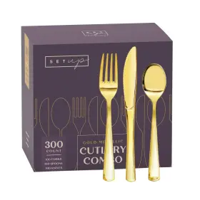 Setup 810085796435 300 Count Disposable Silverware Gold Combo Cutlery - 100 Forks Spoons