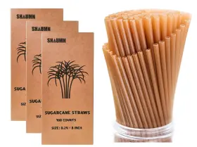 Shaumn 728314998157 300pcs Sugarcane Straws 8 Inch Compostable Biodegradable Eco-friendly
