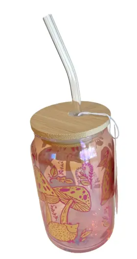 Sheffield Home 197798039180 Glass Sipper Mushrooms Hedgehogs Pink Gold Bamboo Lid Straw