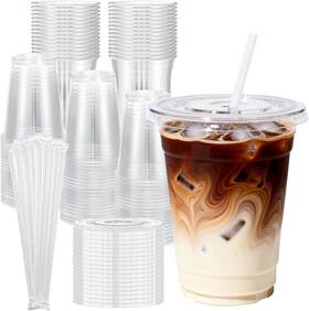 Shuashuam 726084481480 Plastic Cups With Lids And Straws 100 Pack 16 Oz Clear Disposable Iced Coffee Cu