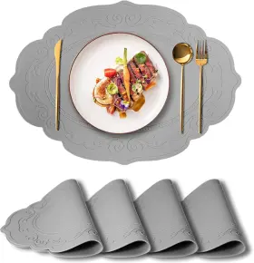 Ty454-02 Siliconty Silicone Placemats Set Of 4 Oval Heat Resistant Non-slip Table Light Gray