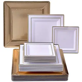 Silver Spoons 816696018263 Elegant Square Gold Plastic Plate Set For Party 20 Charger Plates 13 Inch
