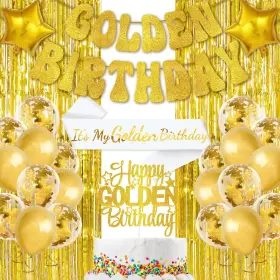 Skee-0000096goldenbirthdaykit Skjiayee Golden Birthday Party Decorations Kit Its My Sash Banner