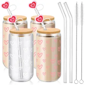 Yun-skylety-1176 Skylety 4 Pcs Valentines Day Glass Cups 16 Oz Color Clear Pink