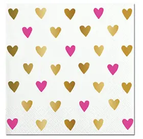 10-04788-002 Slant Pink And Gold Foil Hearts Beverage Paper Napkins