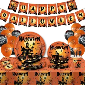 Ps001 Smart Rice Kids Party 114 Pieces Halloween Pumpkin Ghost Tableware Supplies Disposabl