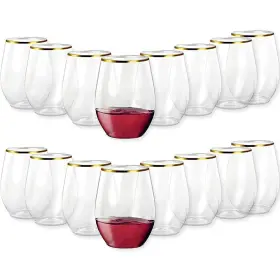 Smarty Had A Party 674012823881 Clear Plastic Wine Glasses With Gold Stemless Design 16 O