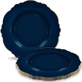 Smarty Had A Party 710859382331 Elegant Navy Blue With Gold Rim Round Blossom Disposable Plastic Dinner Plate