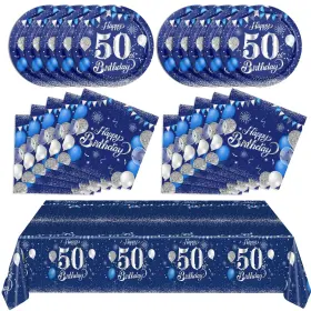 Snimics 767552573658 Navy Blue And Silver 50th Birthday Paper Tableware Happy Party Plate