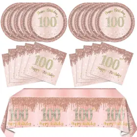 Snimics 768510191549 100th Birthday Decorations Set - Rose Gold Plates Napkins Tablecloth 41pcs