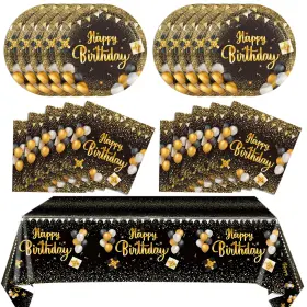 L2-0143-w4hk Snimics Black And Gold Birthday Tableware Set Party Supplies - Includes Table Cover C