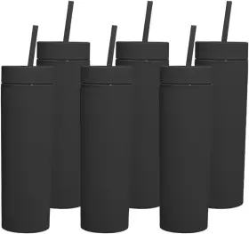 6ppt16oz01 Sonoup Skinny Tumblers With Lids And Straws Bulk.matte Black 18 Piece Set