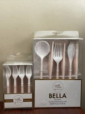 Sophistiplate 810013753585 45 Pc. Bella Reusable Flatware And Cocktail Forks White Blush Handle