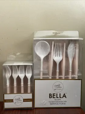 Sophistiplate 810013753585 45 Pc. Bella Reusable Flatware And Cocktail Forks White Blush Handle