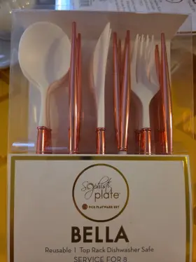 Sophistiplate 810013753615 24 Pc Rose Gold And White Bella Reusable Disposable Flatware Cutlery
