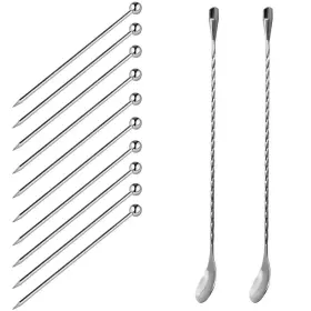 Sourceton 931234195573 Set Of 12 Stainless Steel Cocktail Picks And Mixing Spoons 10 Pieces 4 Inches