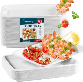 Spargos 060567314557 100 Pack 14 Inch Heavy Duty Disposable Food Trays Compostable Large Paper Pla