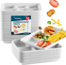 Cmt100 Spargos 5 Compartment Plates Disposable Heavy Duty 125 Pack Small Trays 8.27 Inch X 10.23