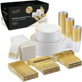 1154 Sparksettings Gold Plastic Plates For Party - Silverware 350 Pc Wedding Dinn