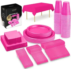 8046 Sparksettings Bright Pink Party Supplies Set Paper Plates Plastic Cups Forks