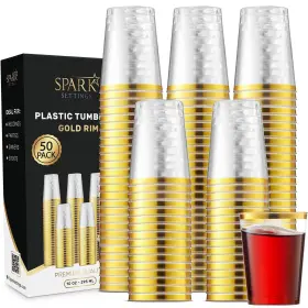 Sparksettings 840195611571 Gold Plastic Cups Disposable 50 Pack 10oz Elegant Clear Party Sturdy P