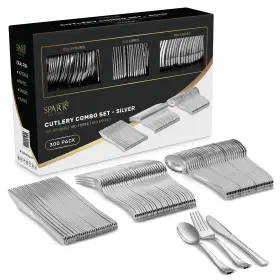 Sparksettings 840195611625 Silver Plastic Silverware Heavy Duty 300 Utensils Set Disposable 100 Fork