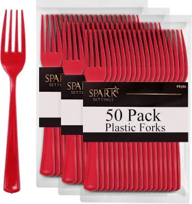 Sparksettings 840195683820 Red Plastic Forks Disposable 50 Pack Heavy Duty Silverware Cut