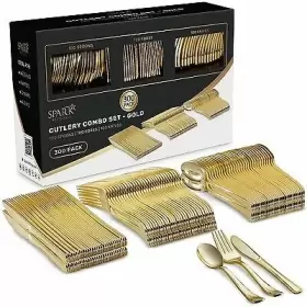 90312664 Sparksettings Gold Disposable Plastic Silverware Set Of 300