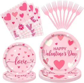 Spinlala 795632865775 96 Pieces Valentine S Day Tableware Set Pink Heart Disposable Plates Napk