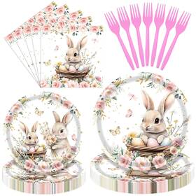 Spinlala 795632866840 96 Pieces Easter Tableware Set Bunny Nest 7inch 9inch Floral