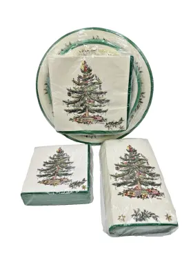 Spode 009292865496 Christmas Tree With Stars Dinner Lunch/dessert Paper Plates And Napkins - New