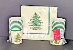 Spode 015012147728 Lot Of Christmas Tree Dinner Napkins Paper 16 And Cups 9 Oz. All Nip