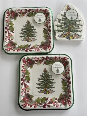 Tw13-25514 Spode Pinecone Disposable Paper Lunch Plates Square Christmas Party And Napkins