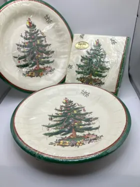 Tw7-2021 Spode C. R. Gibson Christmas Tree Pack Of 16 Beverage Napkins And Paper Plates
