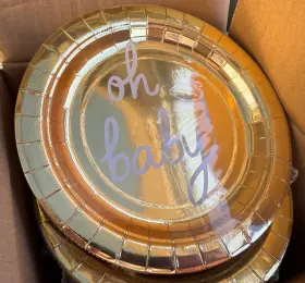 Spritz 197543980149 Oh Baby 7 Inch Gold Metallic Paper Plates Shower Gender Reveal Party 120 Ct