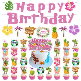 Sshan&dxia 735481440754 Pink And Blue Cartoon Theme Birthday Party Supplies - Hawaiian Banner Cake Topp