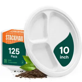 Stack Man 850024098039 100% Compostable 3 Compartment 10-inch Disposable Paper Plates 125-pack